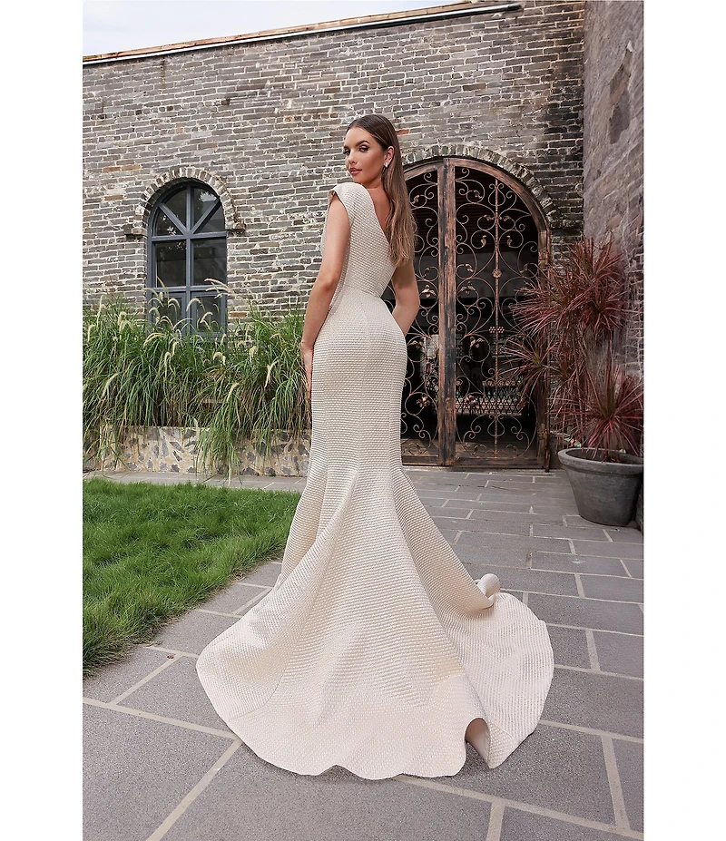 Terani Couture One Shoulder 3D Ruffle Front Front Jacquard Mermaid Gown