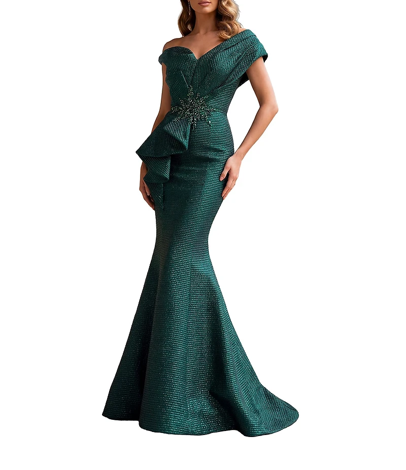 Terani Couture One Shoulder 3D Ruffle Front Front Jacquard Mermaid Gown