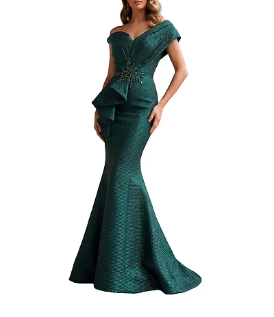 Terani Couture One Shoulder 3D Ruffle Front Front Jacquard Mermaid Gown