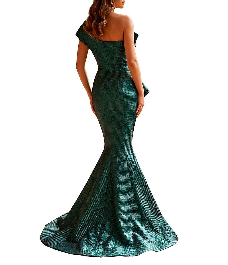 Terani Couture One Shoulder 3D Ruffle Front Front Jacquard Mermaid Gown