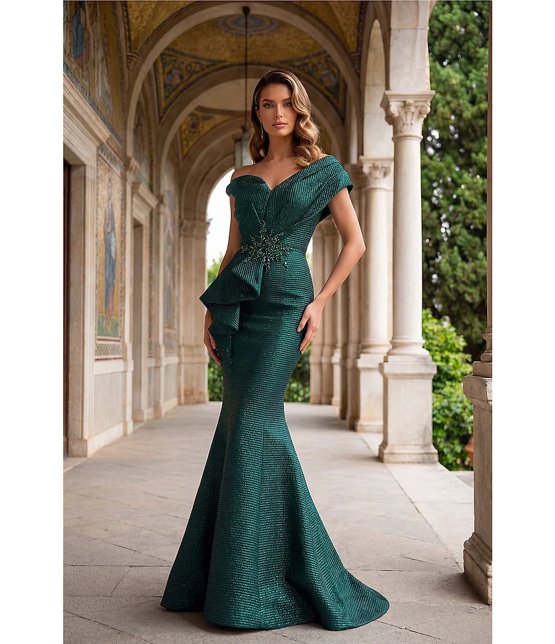 Terani Couture One Shoulder 3D Ruffle Front Front Jacquard Mermaid Gown
