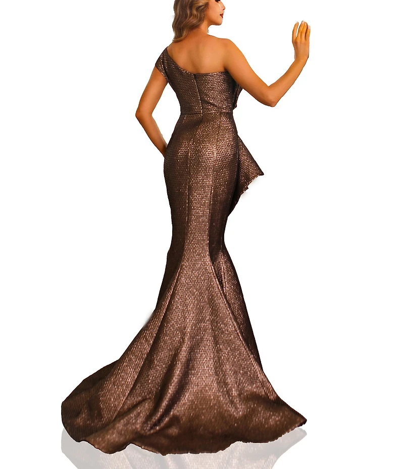 Terani Couture One Shoulder 3D Ruffle Front Front Jacquard Mermaid Gown