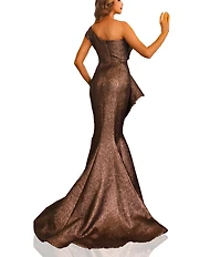 Terani Couture One Shoulder 3D Ruffle Front Front Jacquard Mermaid Gown