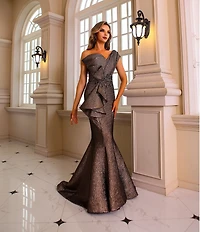 Terani Couture One Shoulder 3D Ruffle Front Front Jacquard Mermaid Gown