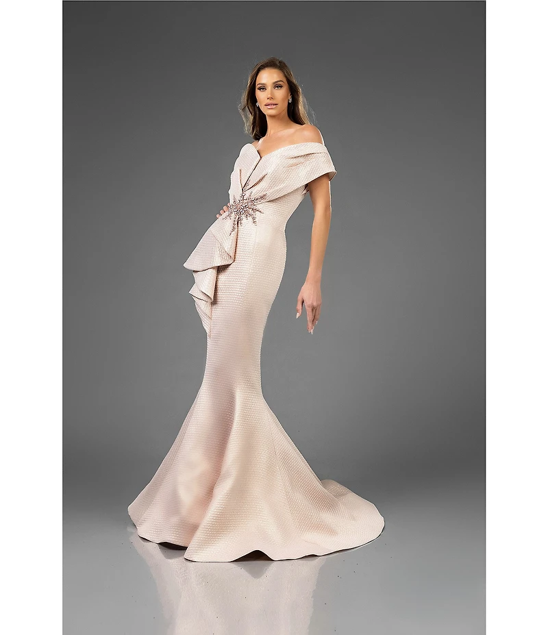 Terani Couture One Shoulder 3D Ruffle Front Front Jacquard Mermaid Gown