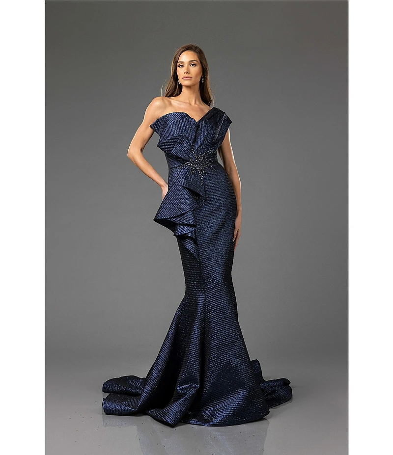 Terani Couture One Shoulder 3D Ruffle Front Front Jacquard Mermaid Gown