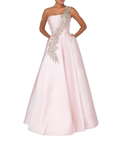 Terani Couture Sleeveless One Shoulder Beaded Strap Back Detail Ball Gown