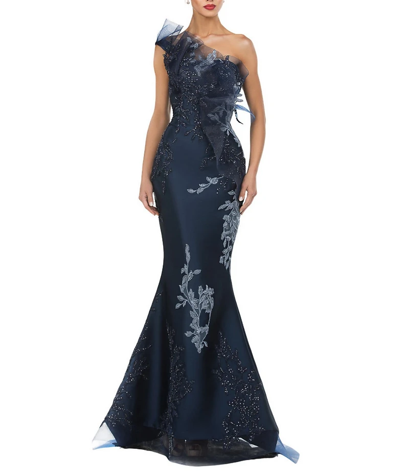 Terani Couture One Shoulder Beaded Tulle Mermaid Gown
