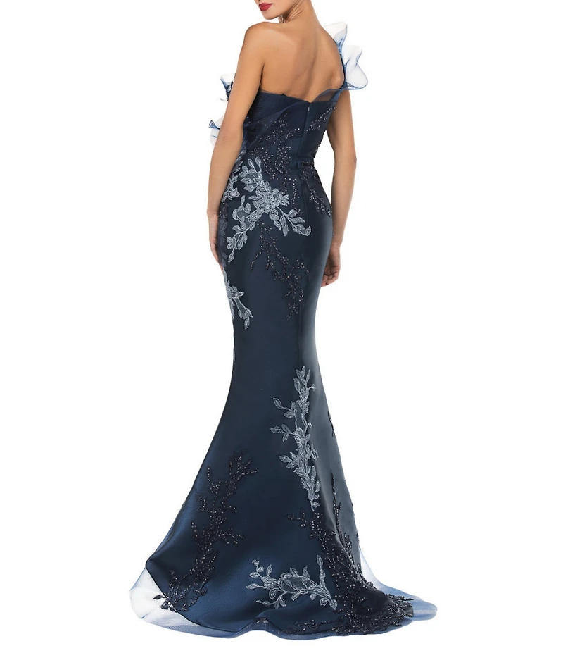 Terani Couture One Shoulder Beaded Tulle Mermaid Gown