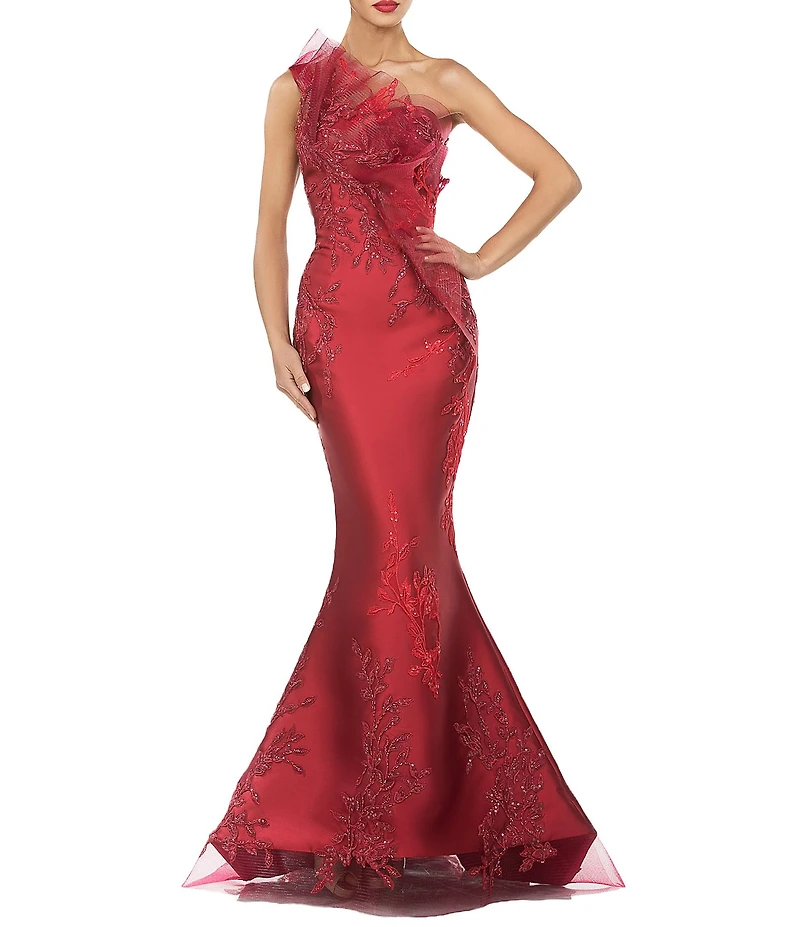 Terani Couture One Shoulder Beaded Tulle Mermaid Gown
