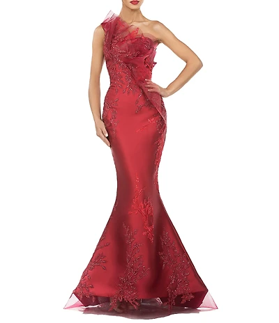 Terani Couture One Shoulder Beaded Tulle Mermaid Gown