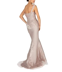 Terani Couture One Shoulder Beaded Tulle Mermaid Gown