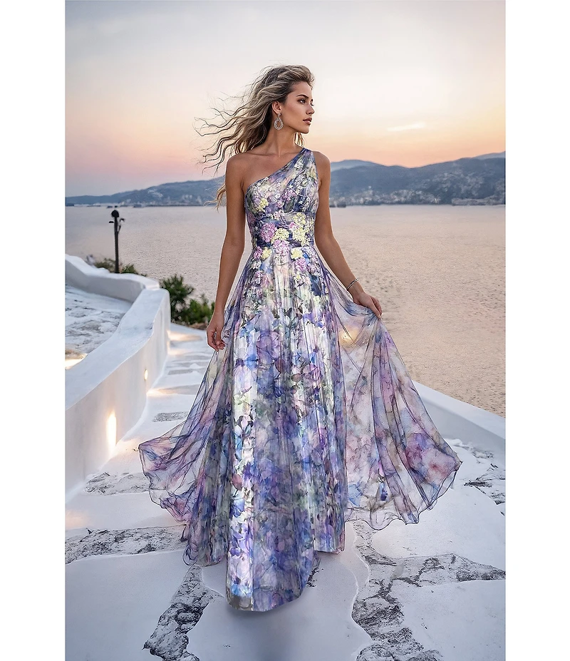 Terani Couture One Shoulder Chiffon Floral Gown
