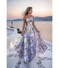 Terani Couture One Shoulder Chiffon Floral Ballgown