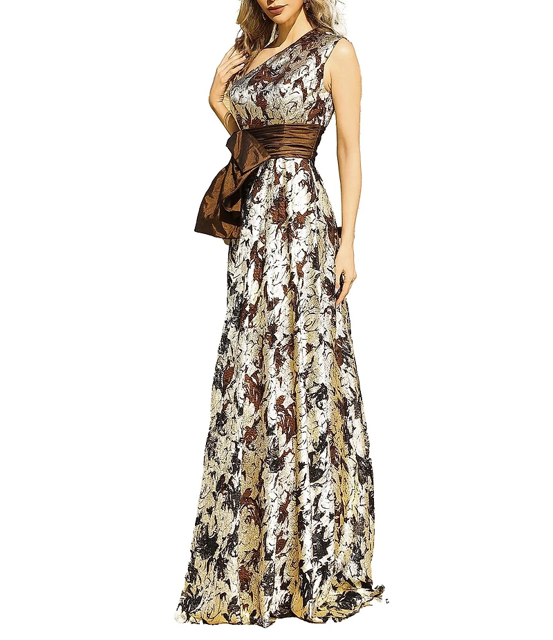 Terani Couture Metallic Organza One Shoulder Taffeta Bow Foiled A-Line Gown