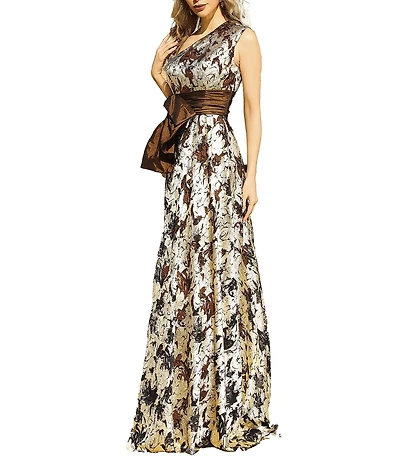 Terani Couture Metallic Organza One Shoulder Taffeta Bow Foiled A-Line Gown