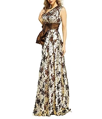Terani Couture Metallic Organza One Shoulder Taffeta Bow Foiled A-Line Gown