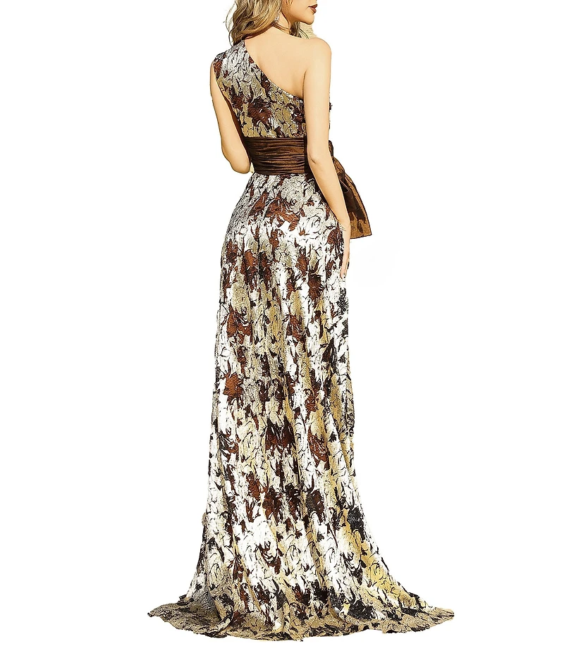 Terani Couture Metallic Organza One Shoulder Taffeta Bow Foiled A-Line Gown