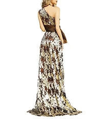 Terani Couture Metallic Organza One Shoulder Taffeta Bow Foiled A-Line Gown