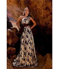 Terani Couture Metallic Organza One Shoulder Taffeta Bow Foiled A-Line Gown