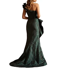 Terani Couture One Shoulder Jacquard Ruffle Long Gown