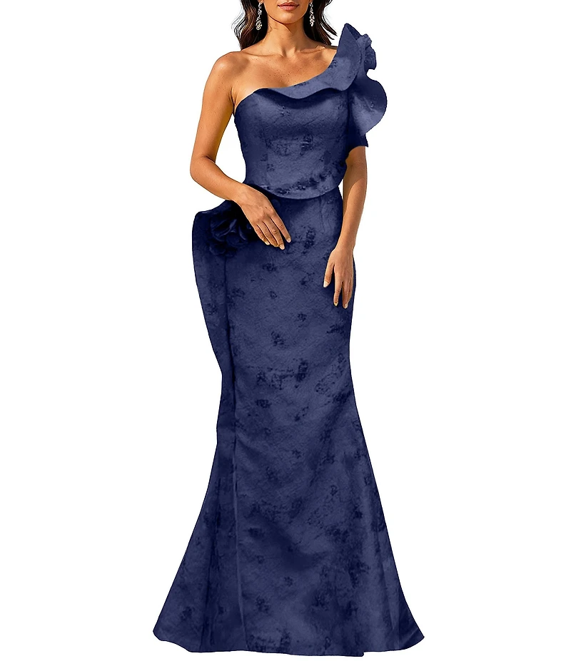 Terani Couture One Shoulder Jacquard Ruffle Long Gown