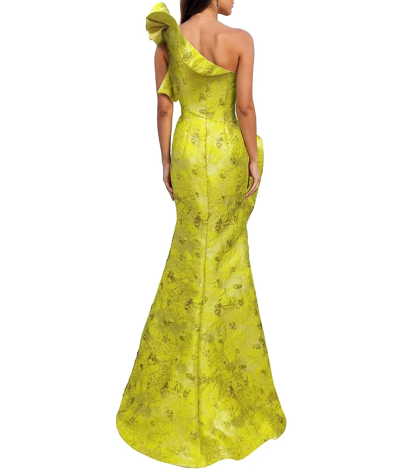 Terani Couture One Shoulder Jacquard Ruffle Long Gown