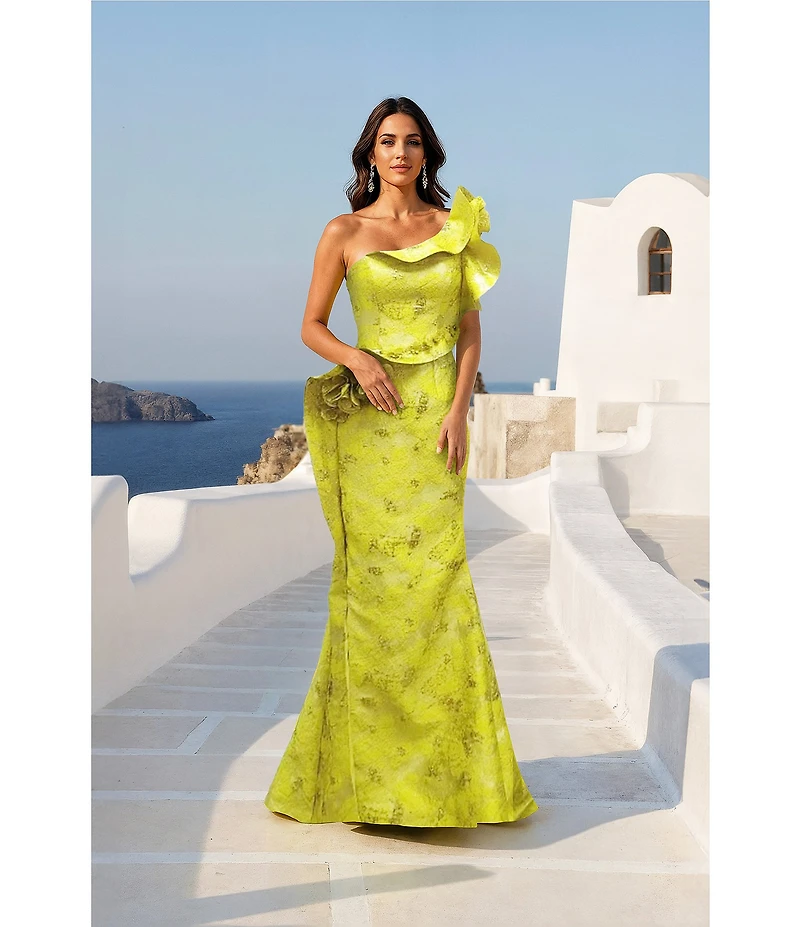 Terani Couture One Shoulder Jacquard Ruffle Long Gown