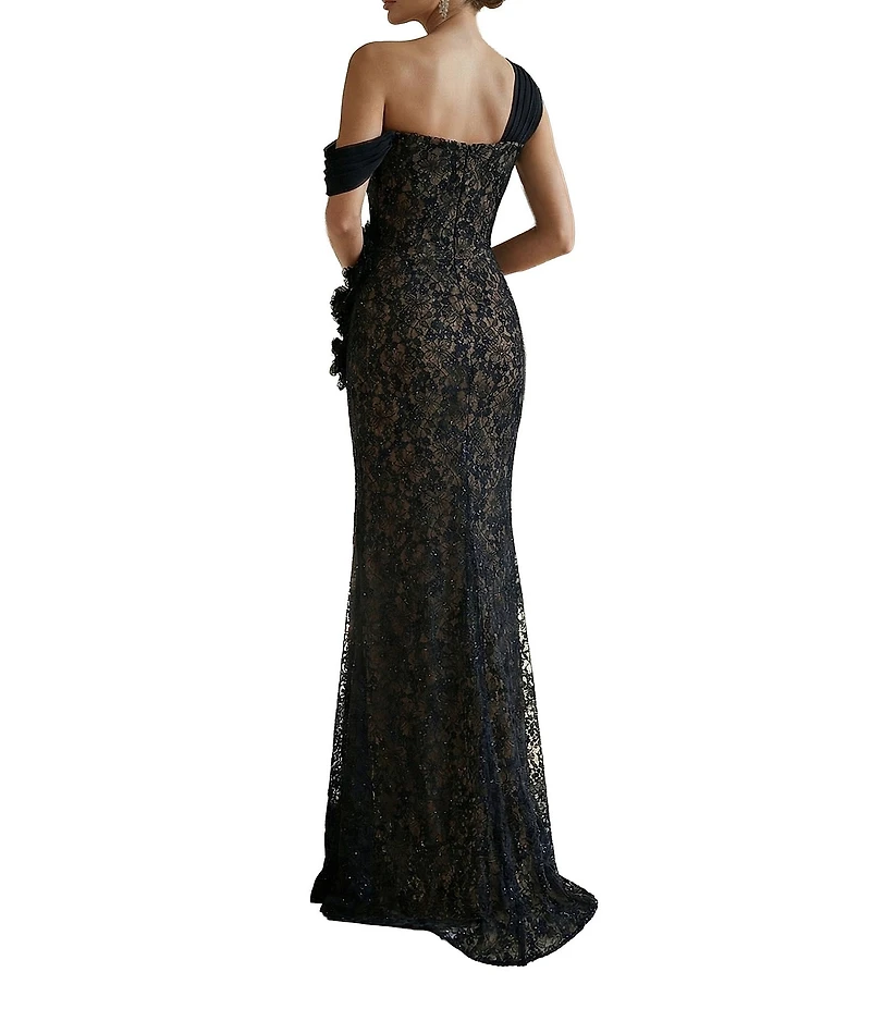 Terani Couture One Shoulder Lace Overlay Gown