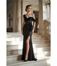 Terani Couture One Shoulder Lace Overlay Gown