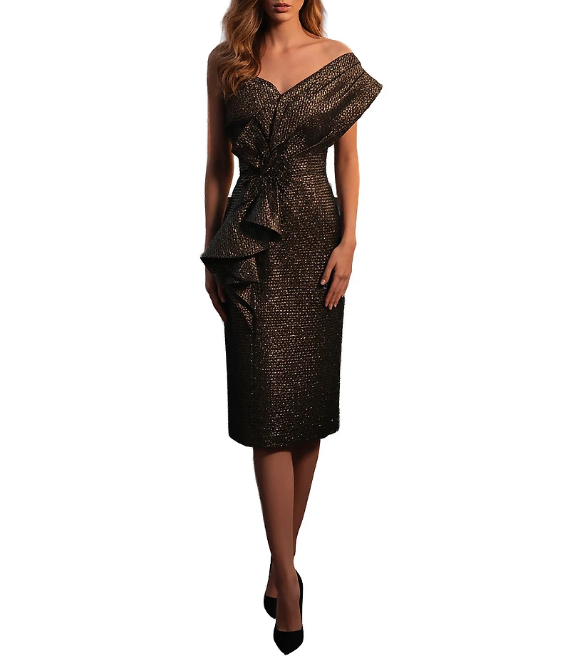 Terani Couture One Shoulder Metallic Jacquard Midi Dress