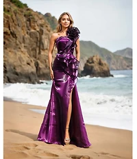 Terani Couture One Shoulder Ruffle Shimmer Organza Long Gown