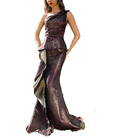 Terani Couture One Shoulder Ruffled Jacquard Gown
