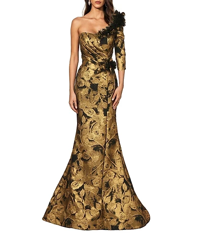 Terani Couture One Shoulder Sleeve Brocade Gown