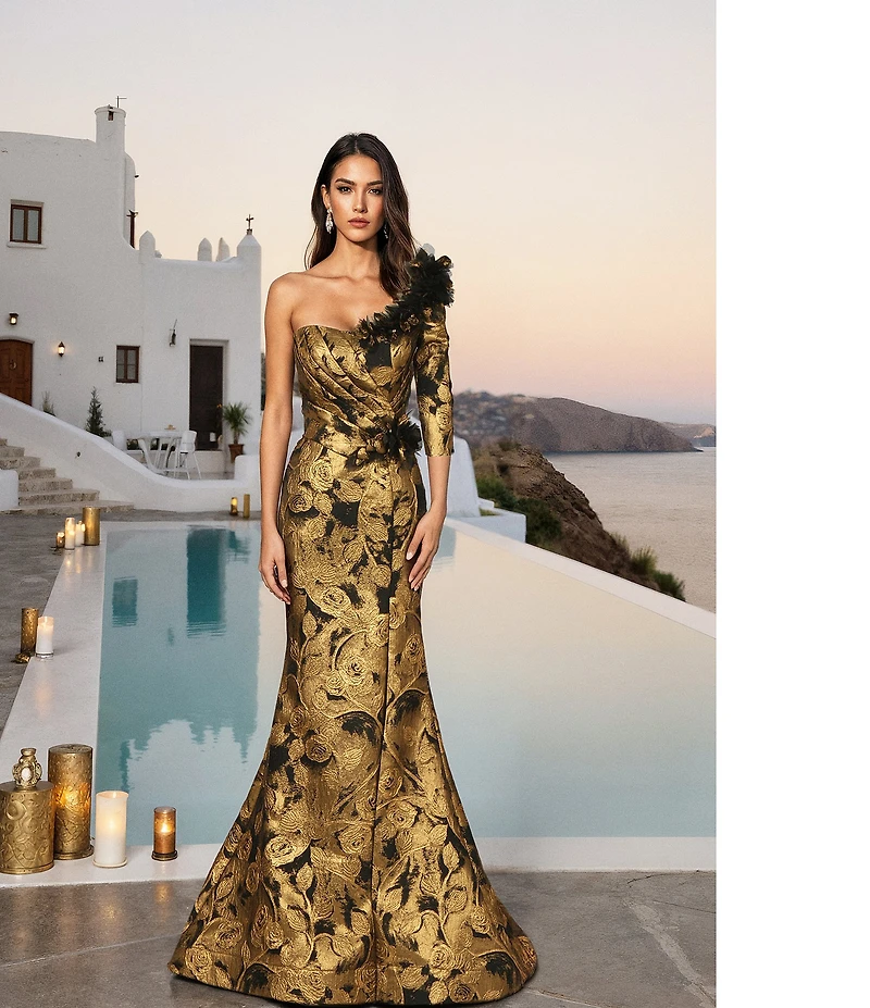 Terani Couture One Shoulder Sleeve Brocade Gown