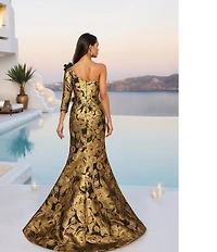Terani Couture One Shoulder Sleeve Brocade Gown
