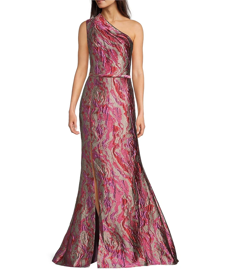 Terani Couture One Shoulder Sleeveless Jacquard Column Gown