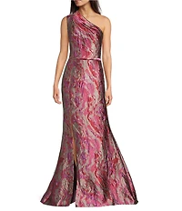 Terani Couture One Shoulder Sleeveless Jacquard Column Gown