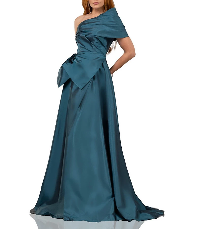 Terani Couture One Shoulder Taffeta Draped Gown