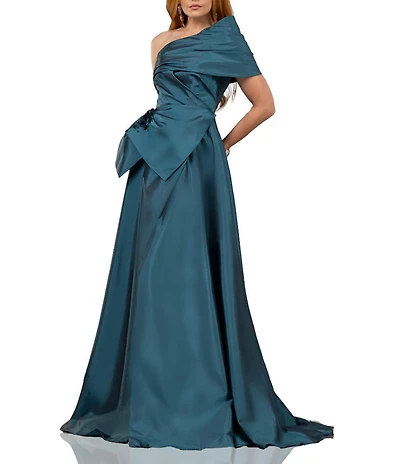 Terani Couture One Shoulder Taffeta Draped Gown