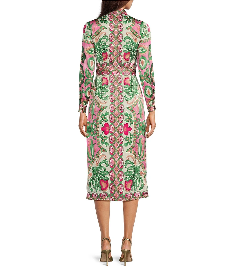 Terani Couture Paisley Print Point Collar Neck Long Sleeve Button Front Tie Belt Shirt Midi Dress