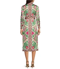 Terani Couture Paisley Print Point Collar Neck Long Sleeve Button Front Tie Belt Shirt Midi Dress