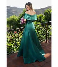 Terani Couture Pleated Off-the-Shoulder A-Line Gown