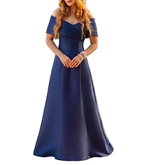Terani Couture Pleated Off-the-Shoulder A-Line Gown