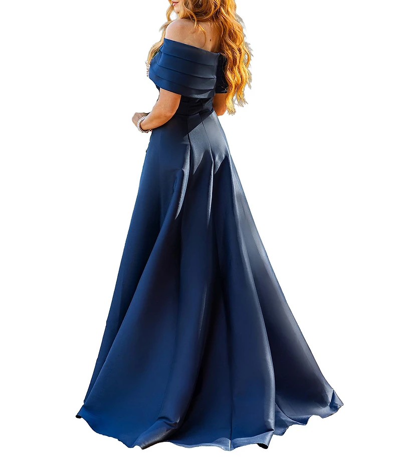 Terani Couture Pleated Off-the-Shoulder A-Line Gown