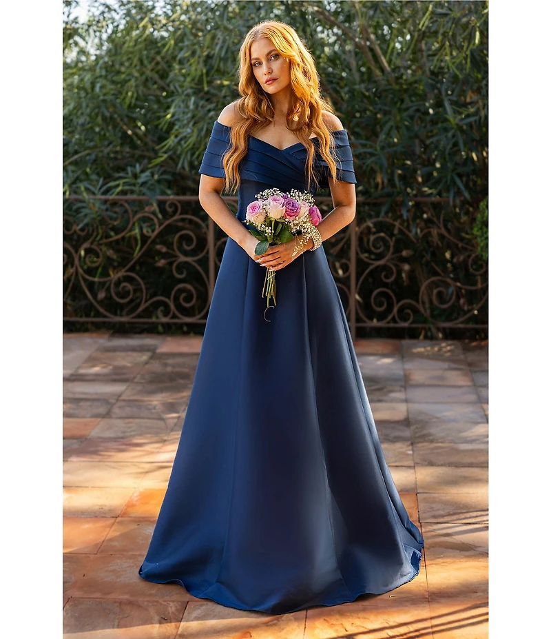 Terani Couture Pleated Off-the-Shoulder A-Line Gown