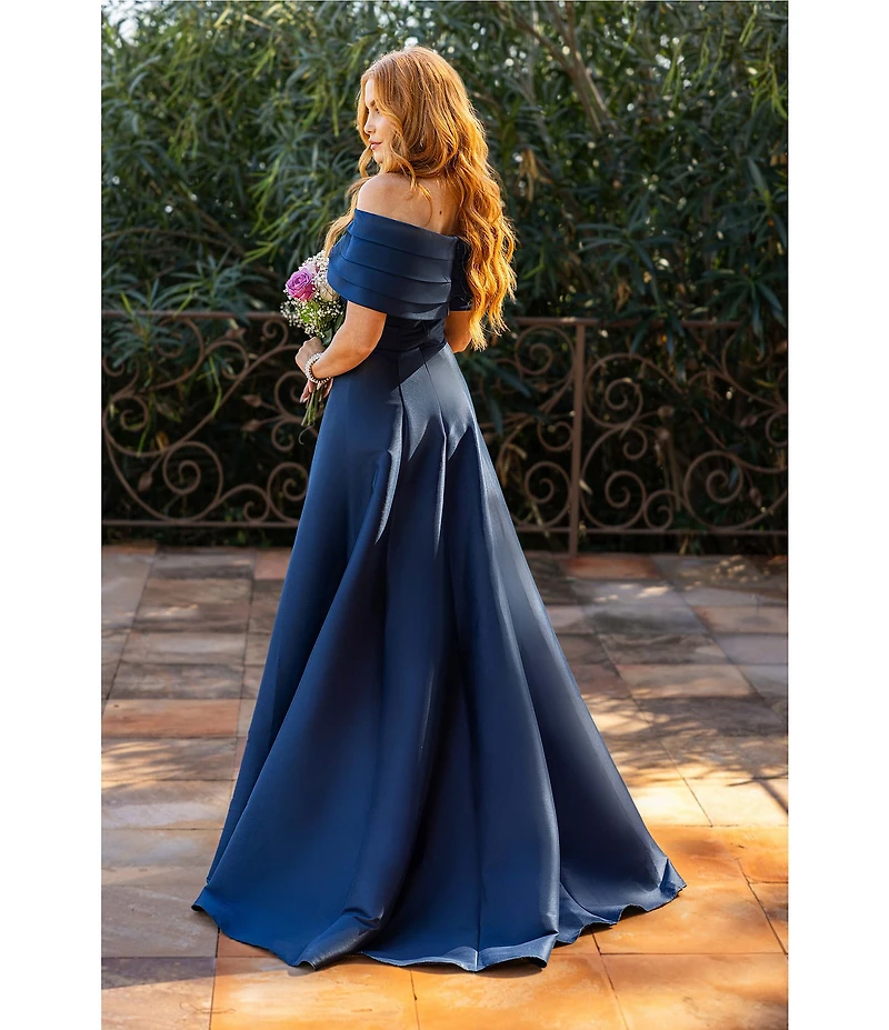 Terani Couture Pleated Off-the-Shoulder A-Line Gown