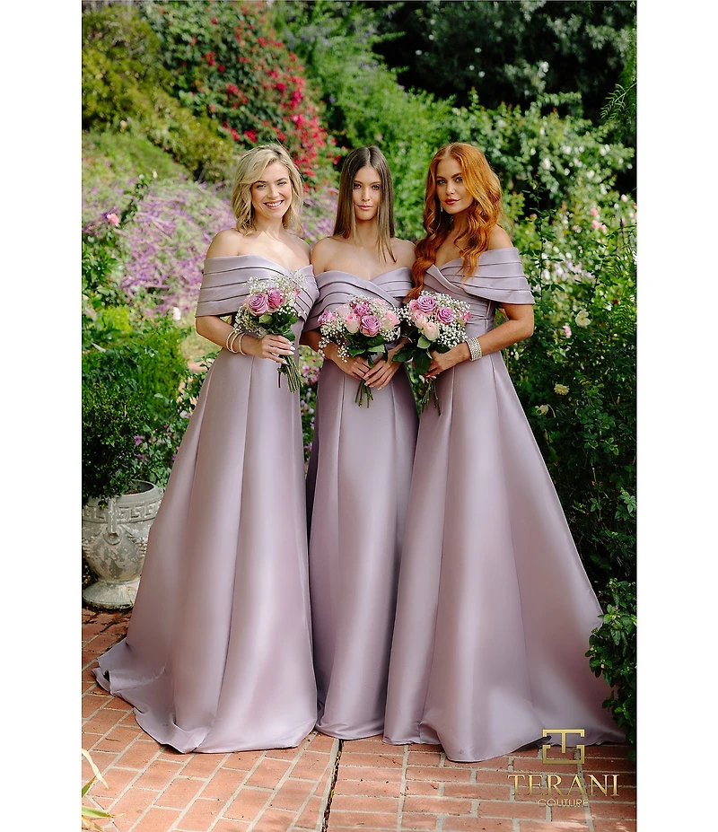 Terani Couture Pleated Off-the-Shoulder A-Line Gown