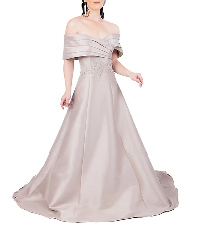 Terani Couture Pleated Off-the-Shoulder Waist Applique Ball Gown