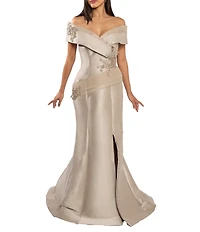 Terani Couture Pleated Off-the-Shoulder Short Sleeve Mermaid Gown